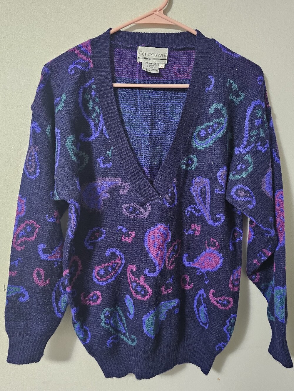 Vintage Compositions Brand V-Neck Sweater Vibrant Neon Paisley Knit Pattern